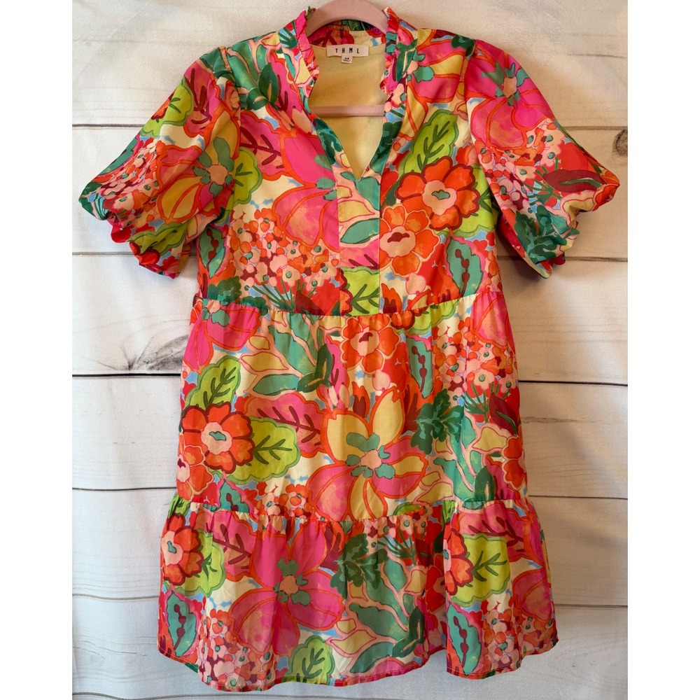 THML Floral Tiered Mini Dress Pink Orange Ruffle Neck Puff Sleeve XS FTM2689-PK